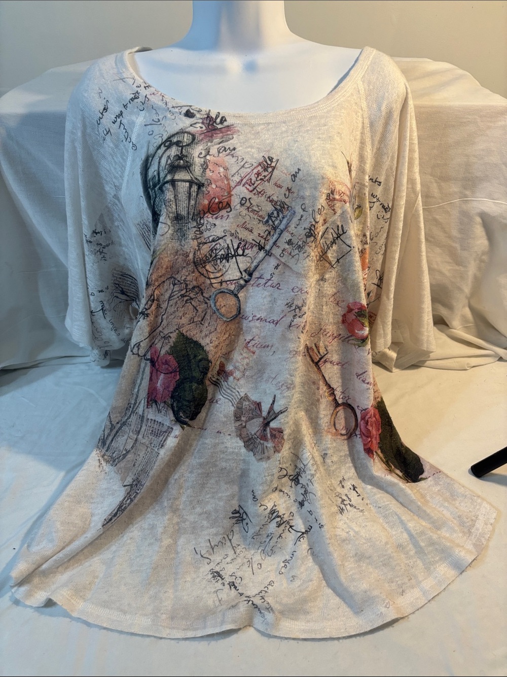 Cream Floral Script Blouse Pink Accents romantic graphic flowy loose comfort U